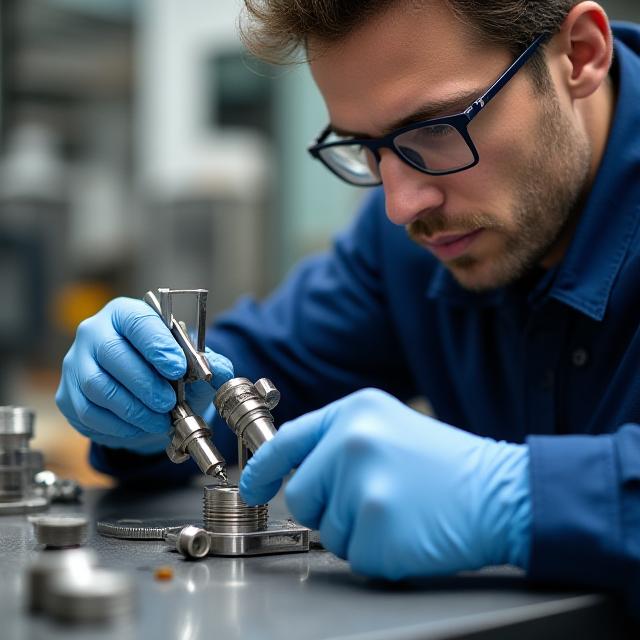 Ingegnere che esamina un raccordo metallico con strumenti di misurazione precisi