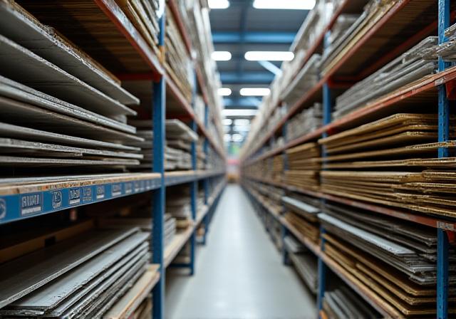 Pile di barre di acciaio inossidabile grezzo, ottone e alluminio in un magazzino